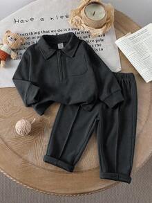 SHEIN Conjunto casual para bebé menino/menina, cinzento, outono, modesto, elegante, cor lisa, top de manga comprida com gola e meio fecho de correr e calças compridas, para épocas frescas - Cinza - Ver 1