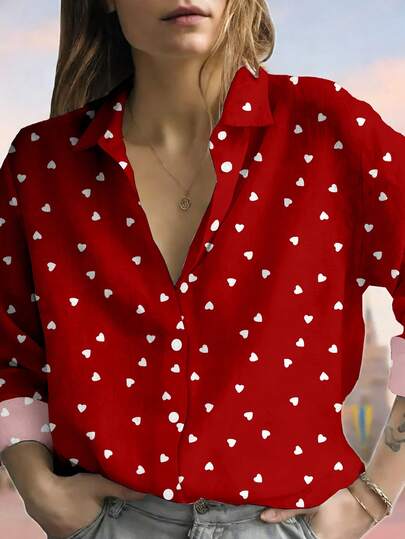 EMERY ROSE 加大码爱心印花衬衫，情人节长袖纽扣衬衫，女士加大码服装