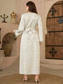 Al Najma Acetate Jacquard V-Neck Striped Ruffle Cinched Waist Turkish Maxi Dress For Women - Beige - View 2