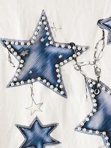 EMERY ROSE Handmade Beaded Star Pattern Round Neck Short Sleeve Women T-Shirt - White - View 3