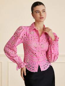 BELROSIE Blusa con diseño de cuello con bordado perforado y dobladillo con volantes, versátil para vacaciones y uso diario, estilo europeo - Rosa - Ver 5