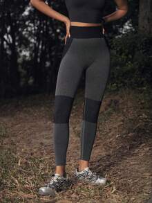 SHEIN In My Nature 女士高腰拼接撞色休闲百搭日常运动户外紧身裤 - 黑色 - 查看 1