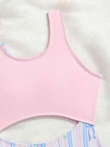 SHEIN 1pc Tween Girls Cute Printed Patchwork One-Piece Swimsuit With Cover-Up - Multicolor - View 4