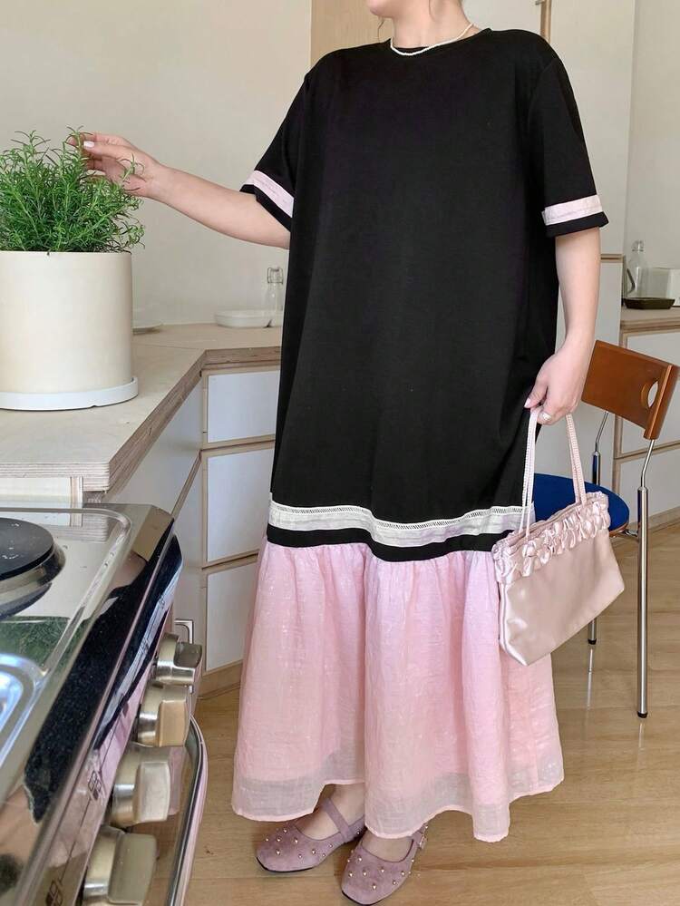 Dazy Plus Plus Size Loose Fit Contrast Color Block Round Neck Long Casual Short Sleeve Dress, Spring/Summer Sundress