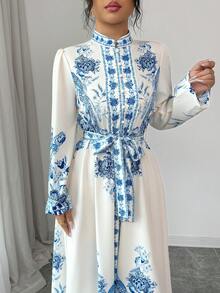 SHEIN Elenzya 女士春夏新款数码印花立领单排扣长袖弹力袖口弹力腰身褶皱连衣裙，优雅波西米亚风，适合日常休闲穿着 - 藍色 - 查看 3