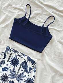 Soleia 2pcs/Set Casual Vacation Style Navy Blue Sun God Palm Tree Hand-Painted Pattern Full Print Women Tank Top And Printed Skirt, Suitable For Spring/Summer Spring - Multicolor - View 5