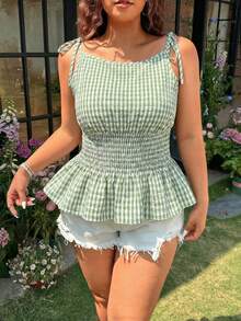 SHEIN EZwear Áo kiểu nữ cỡ lớn màu xanh lá cây kẻ caro không tay, kiểu dáng thường ngày. - Màu xanh chanh - Xem 3