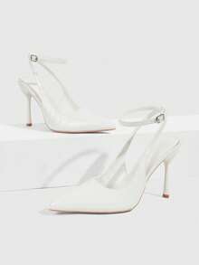 CUCCOO SZL 尖头细高跟黑色亮面面料时尚百搭性感派对踝带女式高跟鞋，圣诞节女士无后跟高跟鞋 - 7639石頭紋白00 - 查看 2