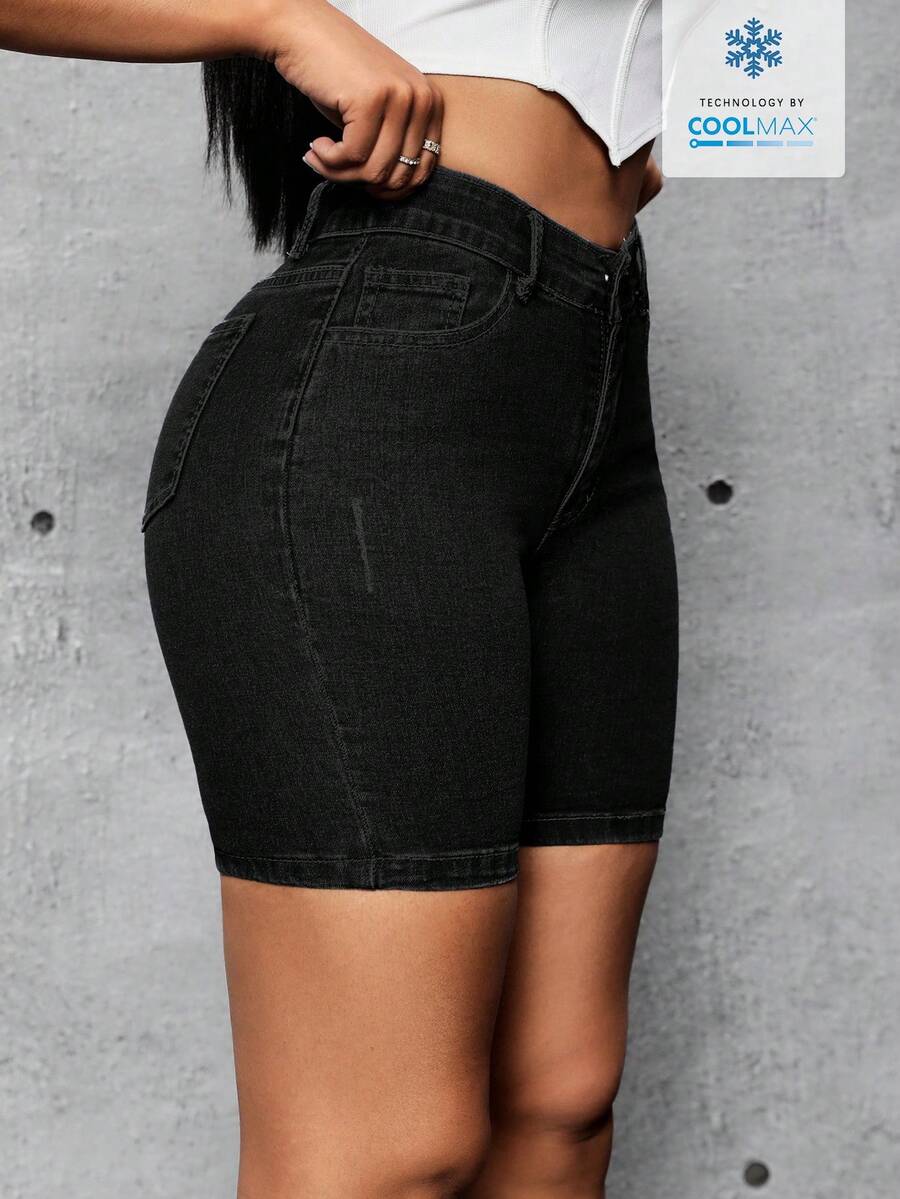 Flexra Quần short denim skinny tối giản túi xéo thời trang mùa hè dành cho nữ. - màu đen - Xem 1