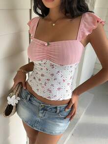 Sunnyshic 女士优雅休闲日常百搭时尚度假撞色褶皱花卉装饰泡泡袖短款T恤，春夏款 - 彩色 - 查看 3