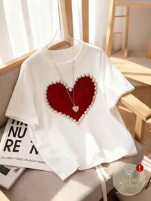 EMERY ROSE Áo thun ngắn tay nữ cỡ lớn họa tiết trái tim, thích hợp cho ngày Valentine. - trắng - Xem 5