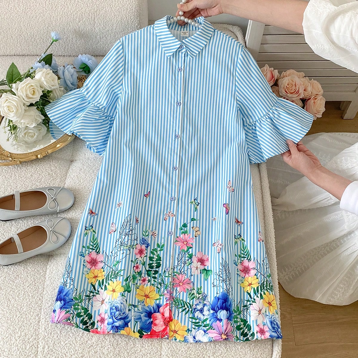Vestido informal para niña preadolescente con estampado de rayas y flores diminutas
