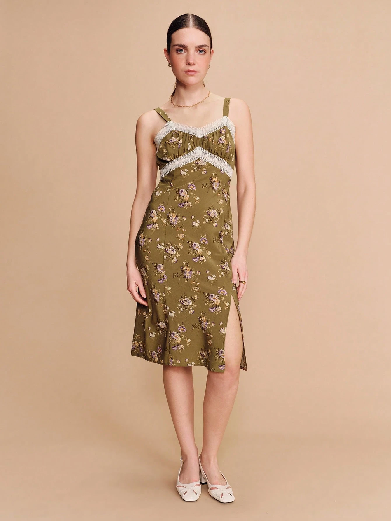 Olive Green Floral Print Fitted Midi Dress With Lace Trim Bust Detail Delicate Lace Straps Romantic Vintage Spring Summer Dress French Style Parisian Style Going Out Wildflower Dress Floral Dress Lace Trim Dress Cami Dress