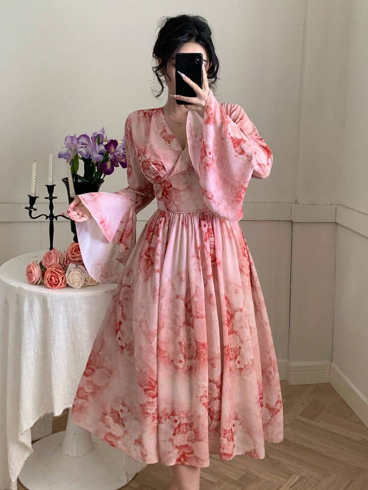Tall Women's Waist Cinched Floral Print Dress, Elegant Resort Style Sun Dresses For Women