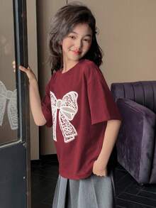 Dazy Kids Tween Girl Round Neck Knit Short Sleeve Bowknot & Floral Print T-Shirt, Spring/Summer - Red - View 4