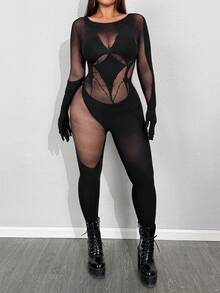 Whyspr Plus Size Women's Sexy Punk Dark Style Mesh Long Sleeve Jumpsuit - Black - View 4
