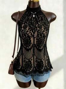 EMERY ROSE Blus Ukuran Plus Elegan Gaya Prancis dengan Kain Renda dan Lapisan Kontras, Kerah Tinggi, Atasan Tank Top Transparan Leher Halter untuk Wanita, Cocok untuk Acara Malam Musim Panas di Klub. - Hitam - View 1