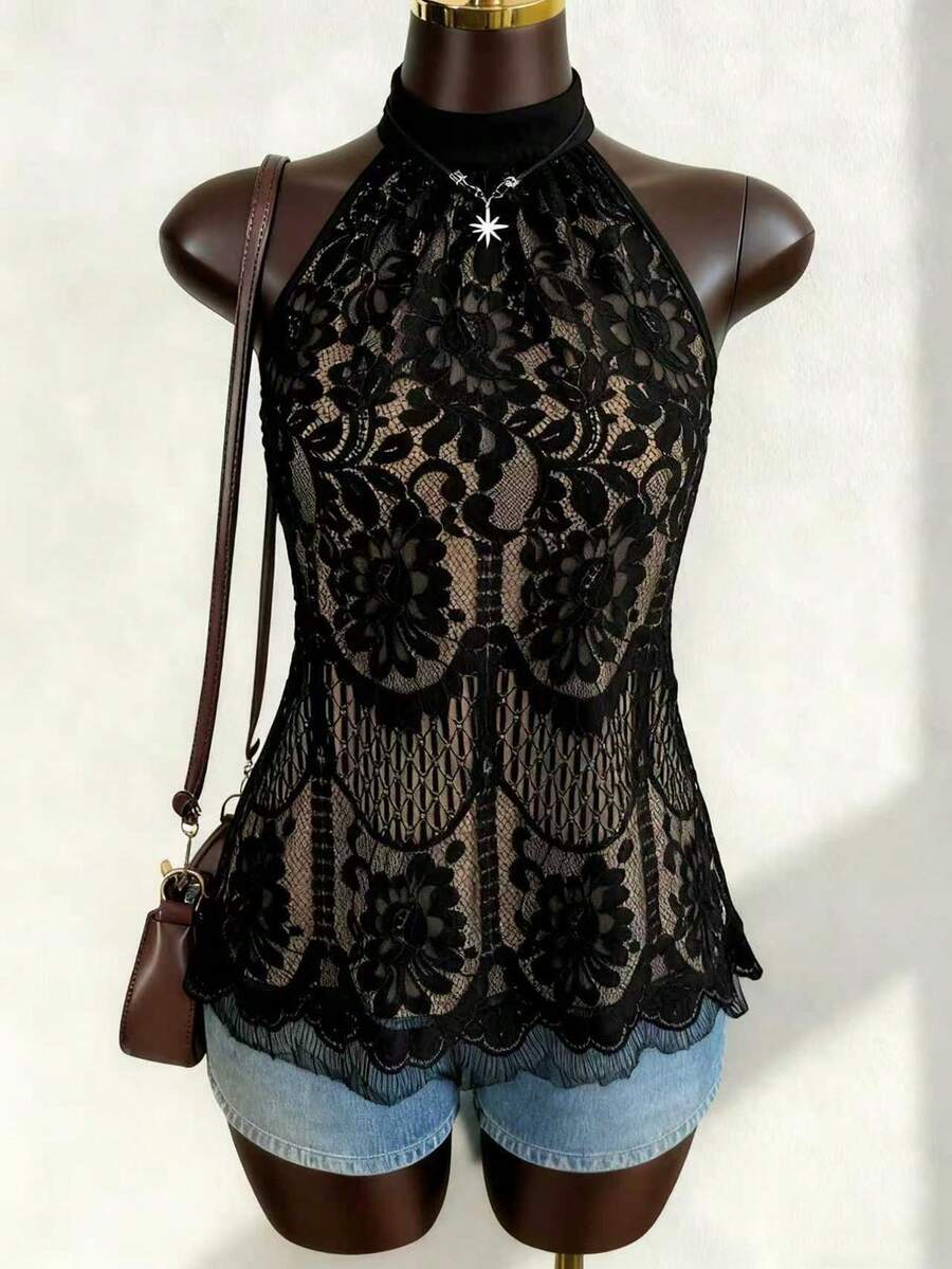 EMERY ROSE Blus Ukuran Plus Elegan Gaya Prancis dengan Kain Renda dan Lapisan Kontras, Kerah Tinggi, Atasan Tank Top Transparan Leher Halter untuk Wanita, Cocok untuk Acara Malam Musim Panas di Klub. - Hitam - View 1