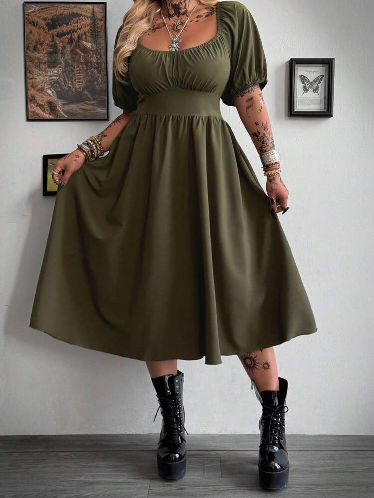 Whyspr Plus Size Army Green Short Sleeve Casual Minimalist Midi Dress, Suitable For Commuting - Army Green - View 3