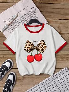 SHEIN GraphicGems 少女樱桃印花撞色滚边圆领短袖上衣，休闲舒适，时尚设计，适合户外、运动、摄影、居家、学校、节日等场合，也是馈赠佳品。 - 彩色 - 查看 3