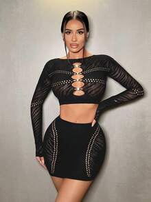 VaVaBold Summer Sexy Hollow Out Crop Top + Mini Skirt 2-Piece Suit Fall Cloth For Women - Black - View 6