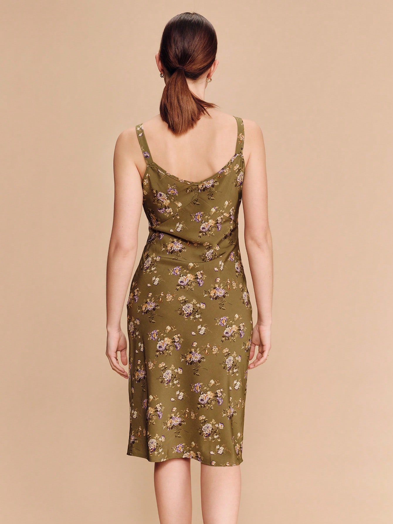 Olive Green Floral Print Fitted Midi Dress With Lace Trim Bust Detail Delicate Lace Straps Romantic Vintage Spring Summer Dress French Style Parisian Style Going Out Wildflower Dress Floral Dress Lace Trim Dress Cami Dress