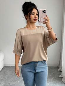 Elenzga Áo kiểu nữ mùa xuân/hè mới, chất liệu satin dệt họa tiết, cổ tròn, tay ngắn, vai rớt, dáng rộng, thoải mái, dễ mặc hàng ngày. - Màu Khaki - Xem 7