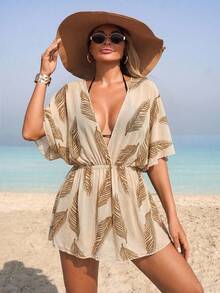 Swim Lushoire 1pc Women Leaf Print Mesh Cover-Up, Casual For Home, Beach, Pool, Vacation, Spring/Summer - Multicolor - View 1