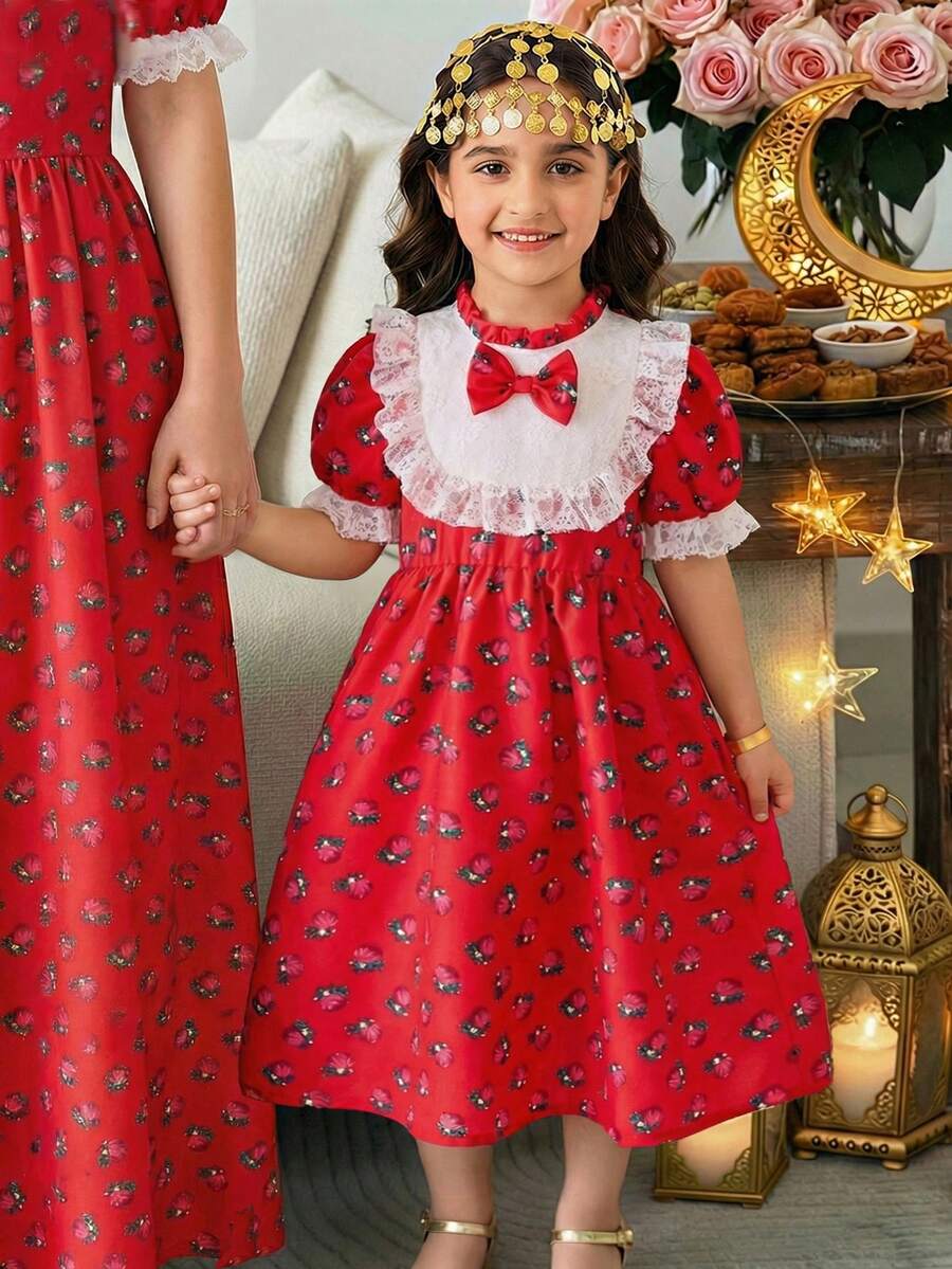 1 pieza Vestido de verano nuevo para niñas con estampado floral rojo, manga corta de globo, cuello de encaje blanco, cintura elástica, largo medio, estilo vintage de princesa - Rojo - Ver 1