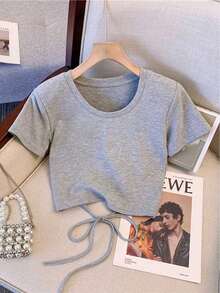 Franclia 修身短款圆领短袖上衣 + 直筒斜插口袋长裤 - 灰色 - 查看 3