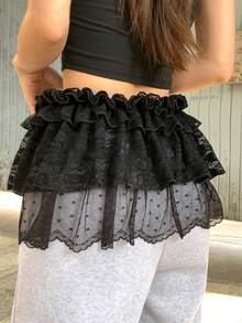 FRIFUL Women's Lace Patchwork Ruffle Hem Sexy Versatile Date Party Mini Skirt