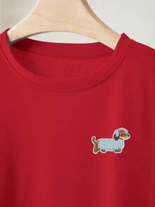 Resyla 女士小狗刺绣休闲圆领短袖标准尺码T恤 - 紅色 - 查看 5
