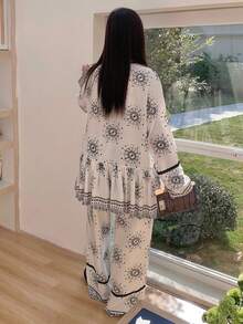 Dazy Plus 2pcs/Set Elegant Floral Print Loose Fit Pullover Top And Straight Leg Pants Pajama Set, Plus Size Women Spring/Autumn - White - View 6