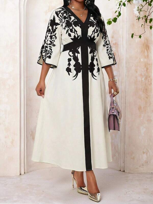 Fleurora Plus Size Floral Print V-Neck Elegant 3/4 Sleeve Dress