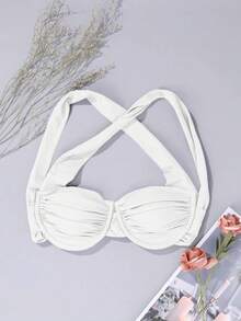 SHEIN Swim Summer Beach Ruched Crisscross Underwire Bikini Top - White - View 3