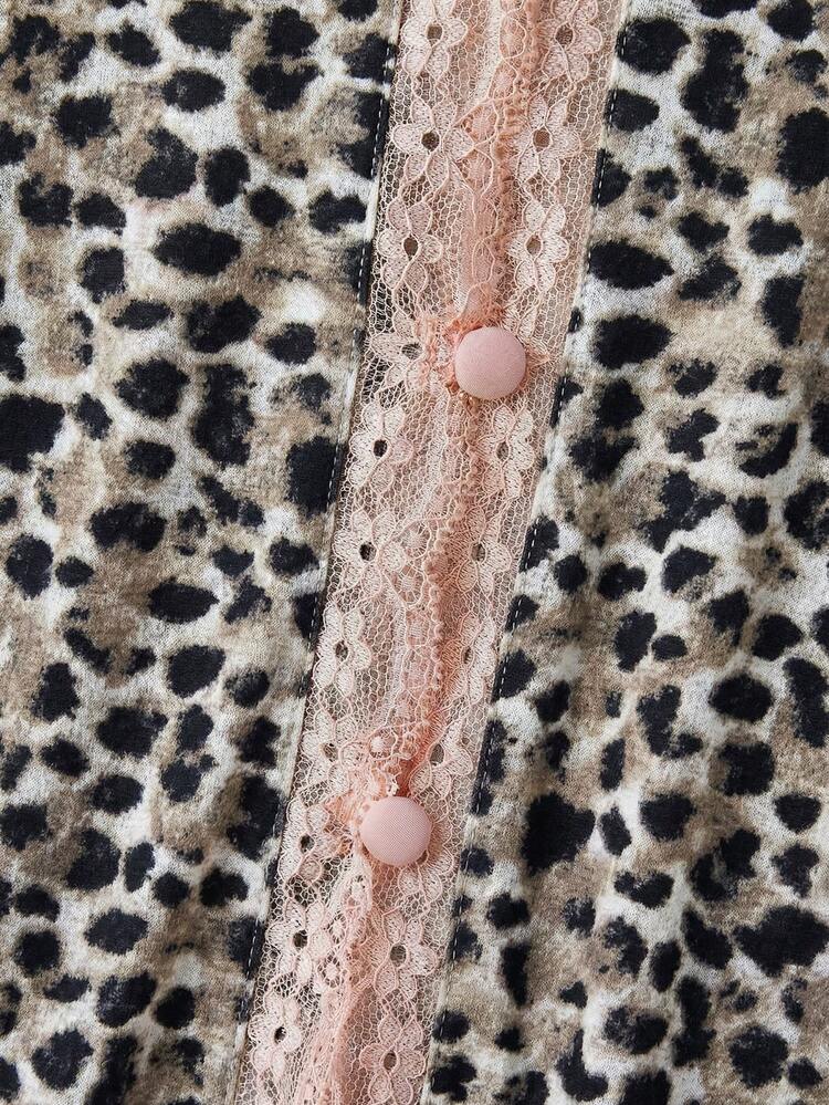 Leopard Print Long Sleeve Top With Pink Lace Trim And Button Opening Spring Women Spring Summer Cute Top Cheetah Top Animal Print Top Going Out
