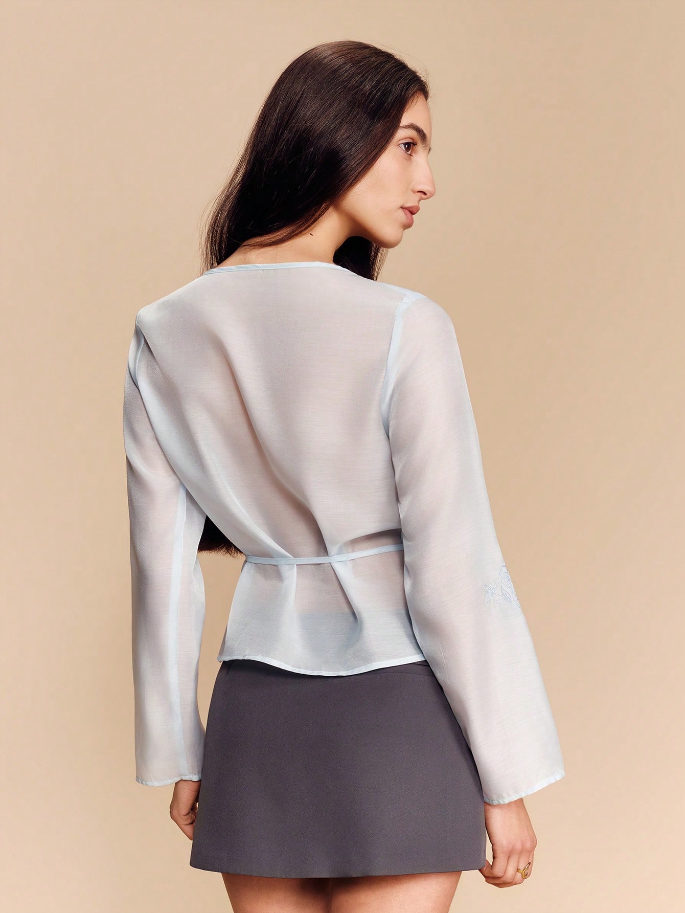 Sky Blue Sheer Embroidered Organza Blouse With Button Front And Tie Waist Romantic Spring Summer Style French Style Parisian Style