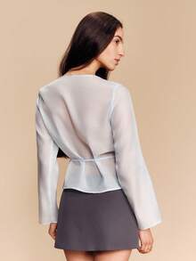 lacRébo Sky Blue Sheer Embroidered Organza Blouse With Button Front And Tie Waist Romantic Spring Summer Style French Style Parisian Style - Baby Blue - View 2
