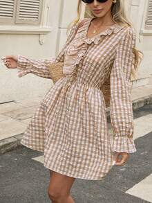 Pariaura Damen Rüschen Taille Karomini-Kleid, klassisches kariertes süßes Lässig-Kleid, geeignet für Dates und Ausflüge - Kaffeebraun - Übersicht 7