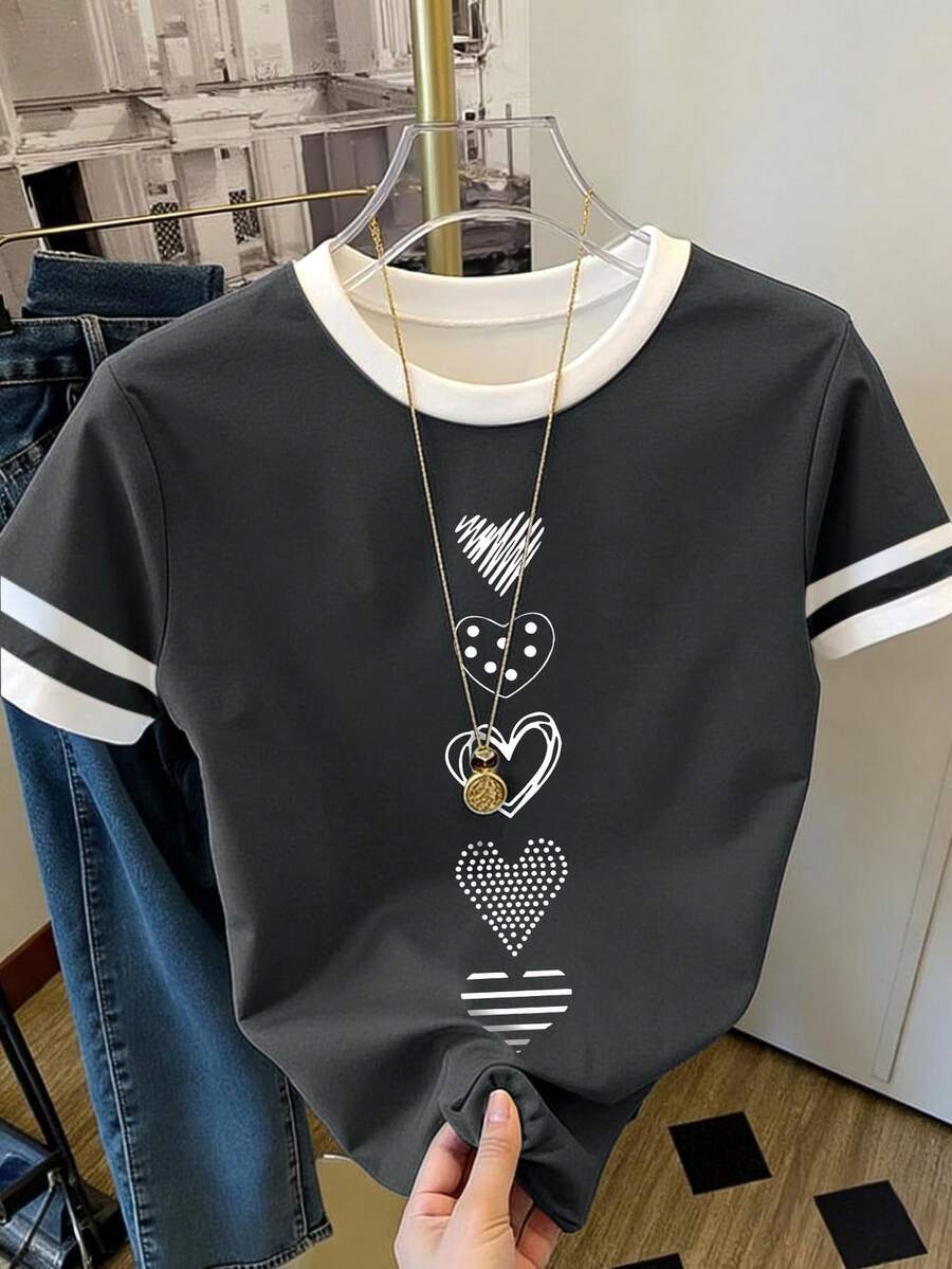 SHEIN Women's Colorblock Striped Heart Pattern Round Neck T-Shirt, Casual Everyday Wear - Grey - View 1