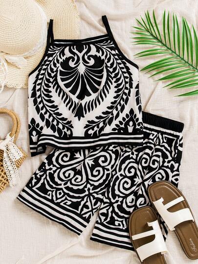 SHEIN 2pcs Tween Girl Camisole Set, Casual Vacation, Geometric Pattern Camisole Top + Loose Shorts Set, Vintage For Daily Outings And Vacations