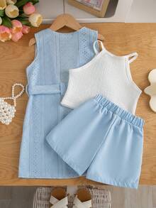 SHEIN Elladie kids 3件組少女夏季休閒細肩帶短版上衣、短褲、無袖針織提花薄開襟衫附腰帶裝飾，親子度假套裝 - 彩色 - 查看 2