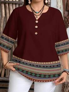 EMERY ROSE Plus Size Casual Vacation Geometric Print Cut-Out Collar Shirt, Suitable For Summer Spring - Brown - View 6
