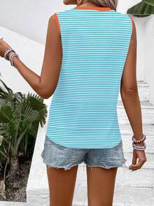 SHEIN 女士休闲无袖圆领撞色条纹印花背心