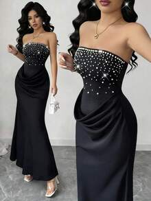 Rafferiza 女士无肩带珍珠装饰连衣裙，缎面面料，褶皱设计，奢华无肩带针织拼接连衣裙，时尚优雅，适合日常穿着、婚礼、宴会、通勤、毕业派对、节日活动、度假等场合。撞色设计，天鹅绒面料 - 黑色 - 查看 1