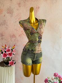 Sunnyshic 女士休闲度假优雅佩斯利印花波西米亚风V领短袖修身T恤，日常百搭 - 彩色 - 查看 7