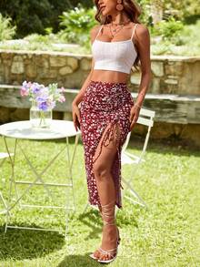 KARISMINA Summer Holiday Two Pieces Set Including Solid Color Spaghetti Strap Top And Floral Print Drawstring Slit Skirt - Red - View 5