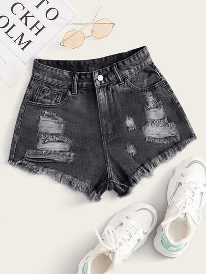 Breezaya Women's Pocketed Button Distressed Frayed Hem Casual Everyday Denim Shorts