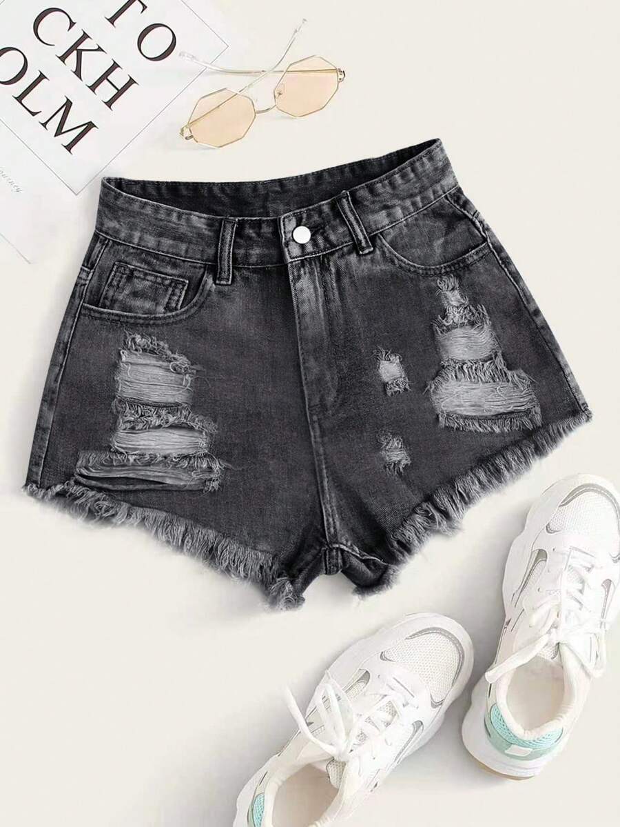 Breezaya Women's Pocketed Button Distressed Frayed Hem Casual Everyday Denim Shorts - Black and White - View 1