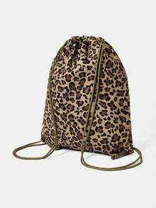 ROMWE Anime 1Pc Coffee Retro Leopard Print Pattern With Leopard Print Round Love Badge Pendant Design Large Capacity Multi-Pocket Drawstring Backpack, Casual Fashion Bag, Suitable For Vacation, Campus, Party, Fashionable Leopard Print Women's Bag - coffee color - View 4